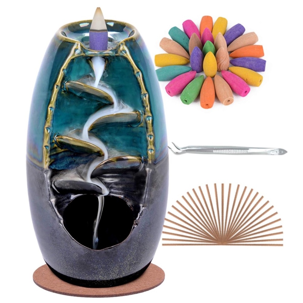 Ceramic Waterfall Incense Burner - Teal Blue